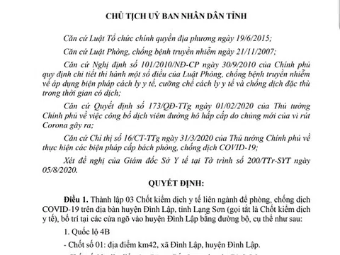 Lạng Sơn: Thành lập 3 chốt kiểm dịch y tế phòng, chống dịch COVID-19 trên địa bàn huyện Đình Lập