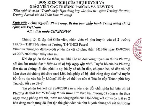 Giáo viên, phụ huynh học sinh Trường Pascal và Trường Newton gửi đơn kiến nghị lên Tổng Bí thư, Chủ tịch nước