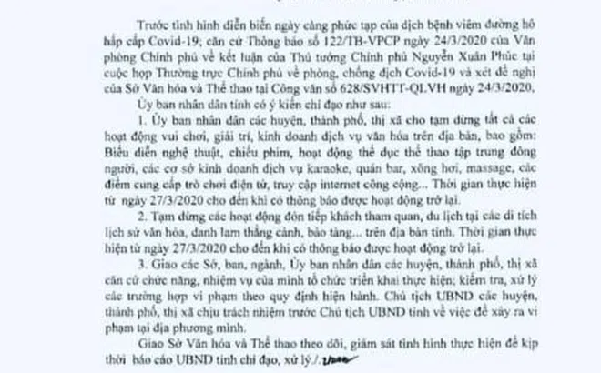 Nghệ An: Tạm dừng các hoạt động văn hóa, thể thao, kinh doanh dịch vụ văn hóa