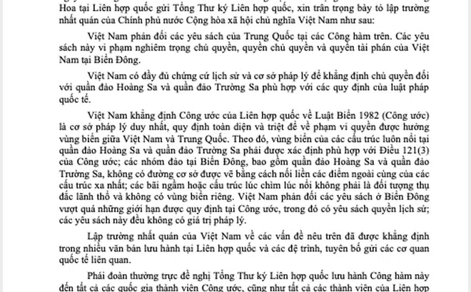 Việt Nam gửi công hàm lên Liên hợp quốc phản đối lập trường của Trung Quốc
